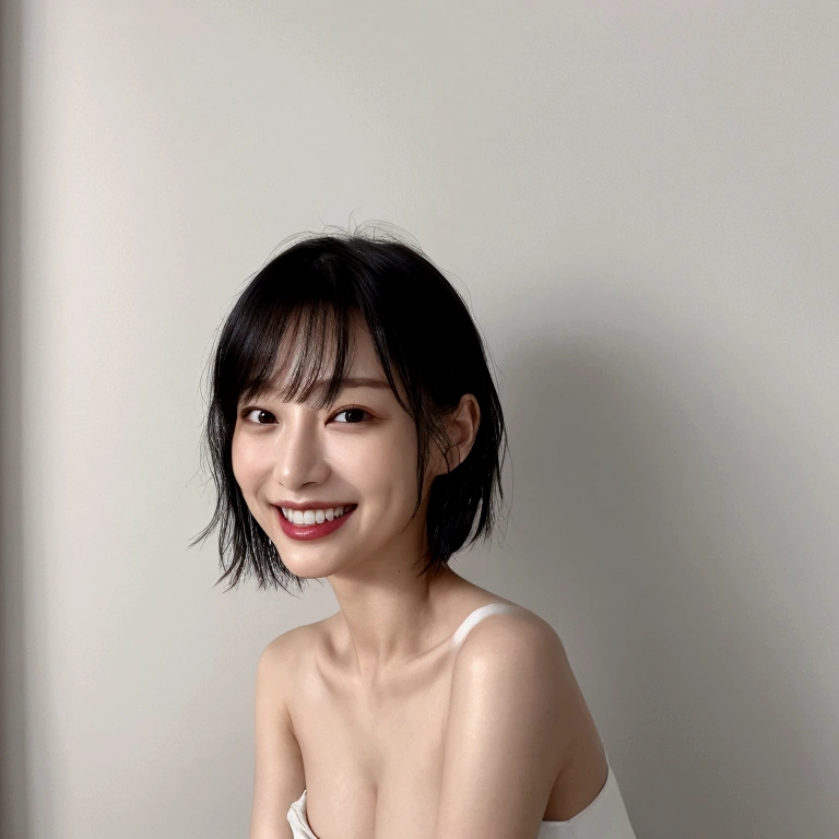 The background is the room、1people、Delicate skin quality、日本people、((Highest quality, 4K, Masterpiece: 1.3)), Beautiful style: 1.4, Short black hair, one piece, Large Breasts, Wet body, Sweaty, Place your arms on your hips, smile, Highly detailed face and skin texture, Fine grain, double eyelid、The whole body is visible、White teeth