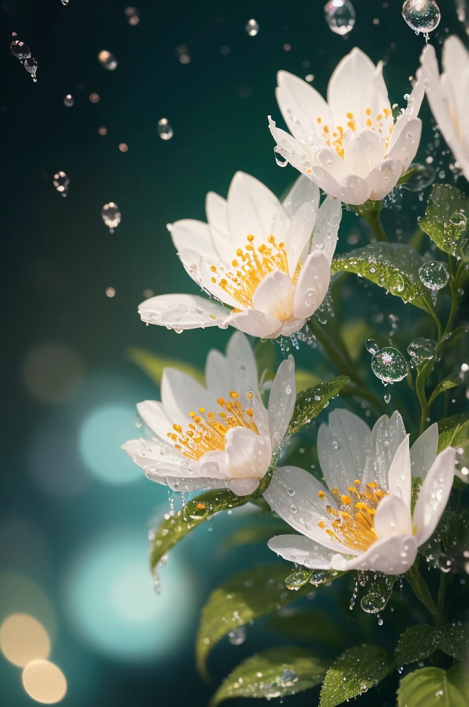a close up of a plant with water droplets on it, a macro photograph by Marie Bashkirtseff, flickr, pointillism, bokeh. iridescent accents, very ethereal, ethereal!!!!!!!, lovely bokeh, incredibly ethereal, ethereal!!!, glittering and soft, . ethereal lights, ethereal beauty, dewdrops, very magical and dreamy