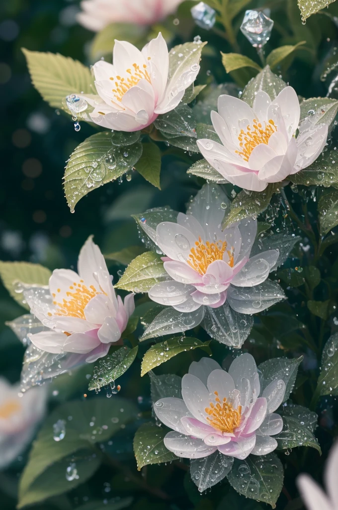 a close up of a plant with water droplets on it, a macro photograph by Marie Bashkirtseff, flickr, pointillism, bokeh. iridescent accents, very ethereal, ethereal!!!!!!!, lovely bokeh, incredibly ethereal, ethereal!!!, glittering and soft, . ethereal lights, ethereal beauty, dewdrops, very magical and dreamy