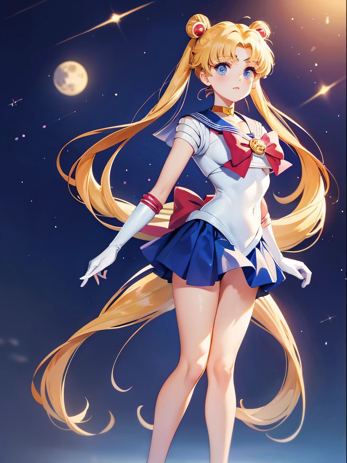 sailor moon, 1 girl, blonde hair, long hair, blue eyes, detailed eyes, simple background, female focus, alone, Standing, Usagi Tsukino, portrait, full body, (Masterpiece:1.0), (best quality:1.0) , (wallpaper 8k:1.0), (detailed beautiful face:1.0), (detailed deep eyes), deep eyes, looking at viewer, sailor scout, red bow on chest, blue skirt, white gloves,