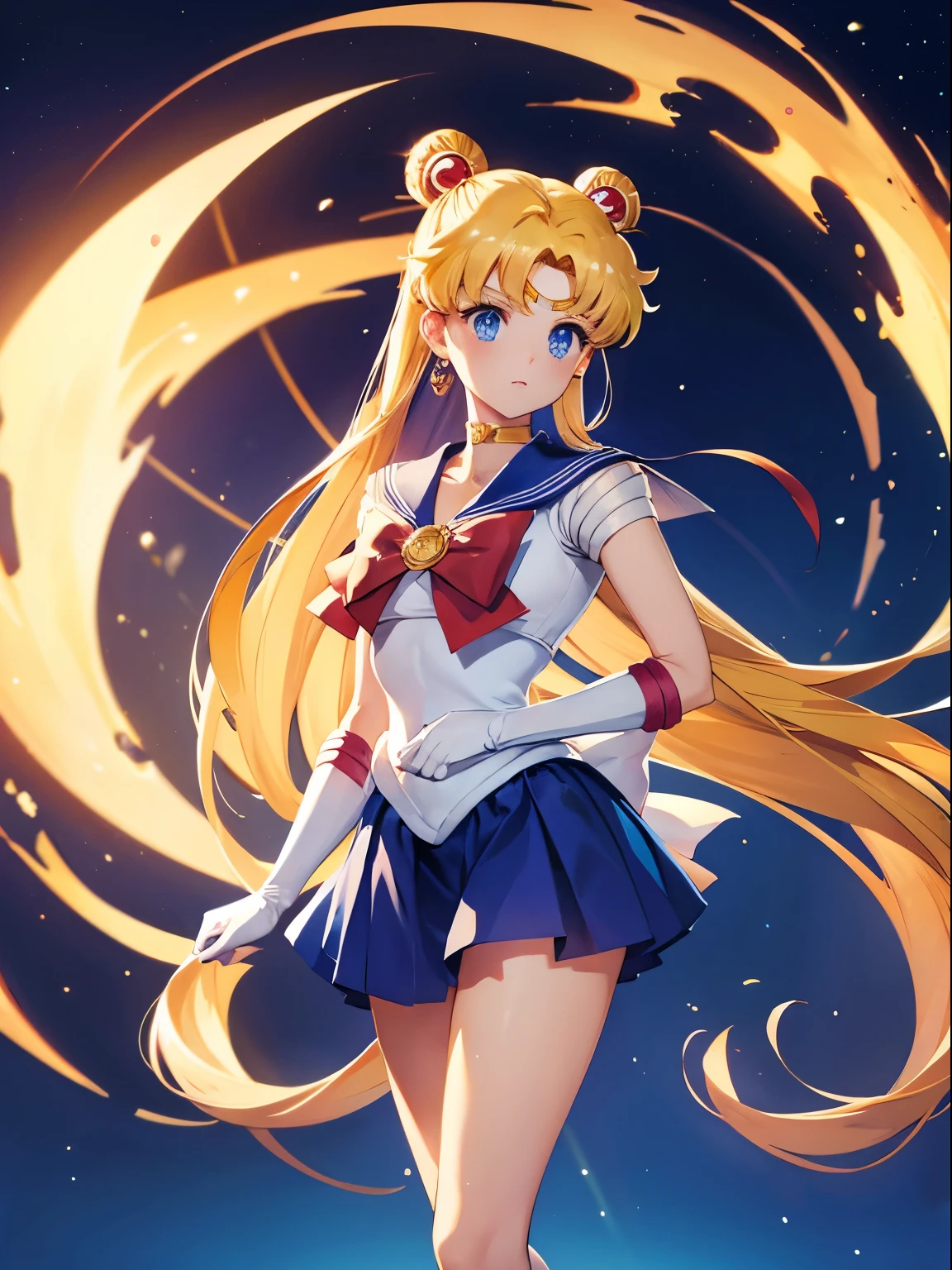 sailor moon, 1 girl, blonde hair, long hair, blue eyes, detailed eyes, simple background, female focus, alone, Standing, Usagi Tsukino, portrait, full body, (Masterpiece:1.0), (best quality:1.0) , (wallpaper 8k:1.0), (detailed beautiful face:1.0), (detailed deep eyes), deep eyes, looking at viewer, sailor scout, red bow on chest, blue skirt, white gloves,