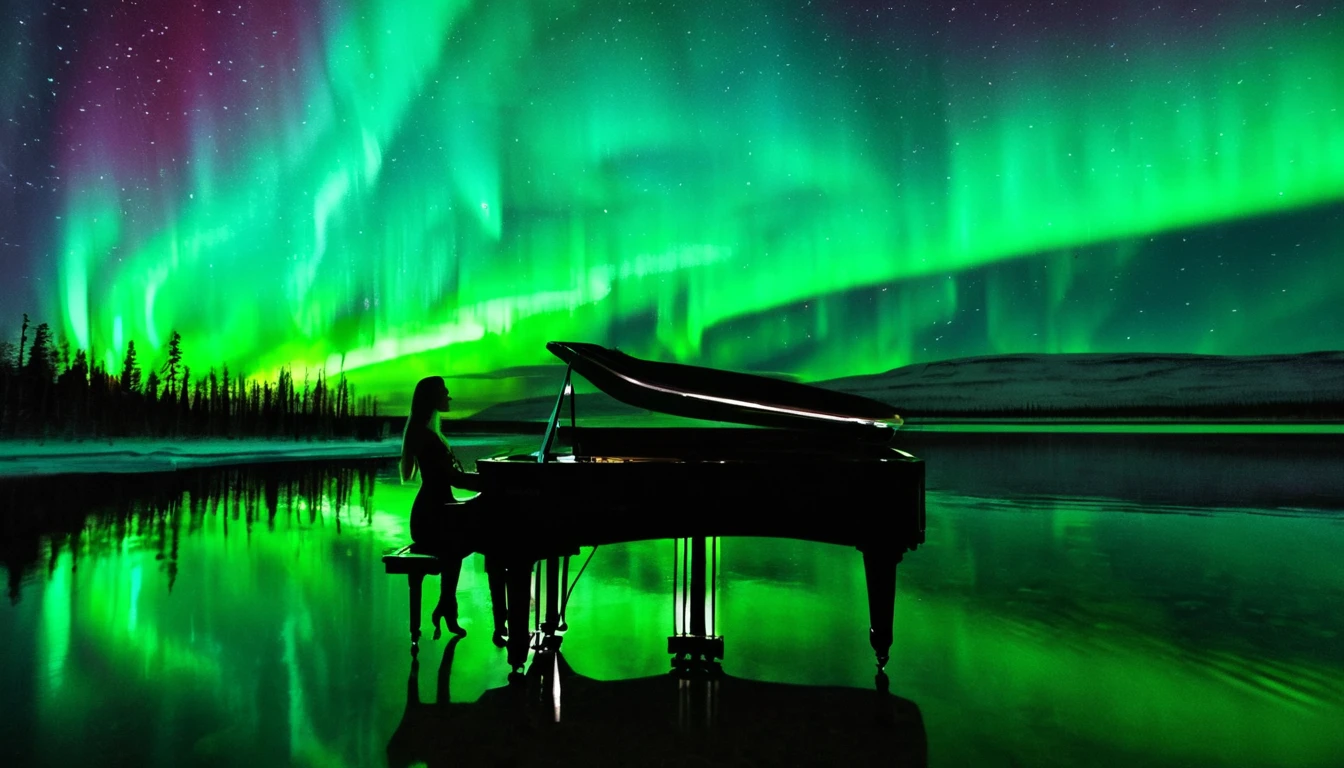A mysterious and enchanting scene with one piano placed on the water under a sky full of aurora borealis. ((A beautiful woman is standing in front of the piano.)) The water surface reflects the view of the Northern Lights and is surrounded by silence. The piano is lit up and looks even more divine.