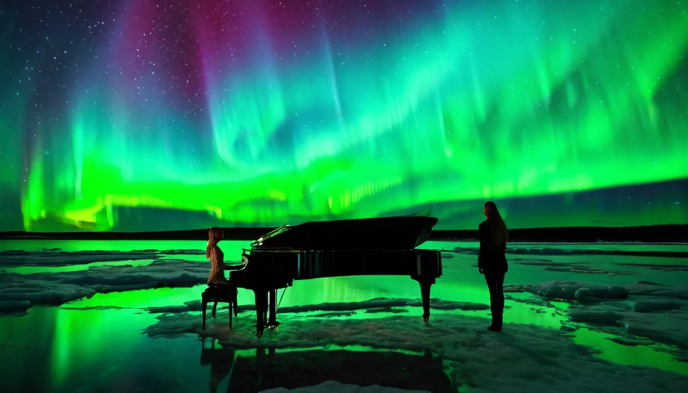 A mysterious and enchanting scene with one piano placed on the water under a sky full of aurora borealis. ((A beautiful woman is standing in front of the piano.)) The water surface reflects the view of the Northern Lights and is surrounded by silence. The piano is lit up and looks even more divine.