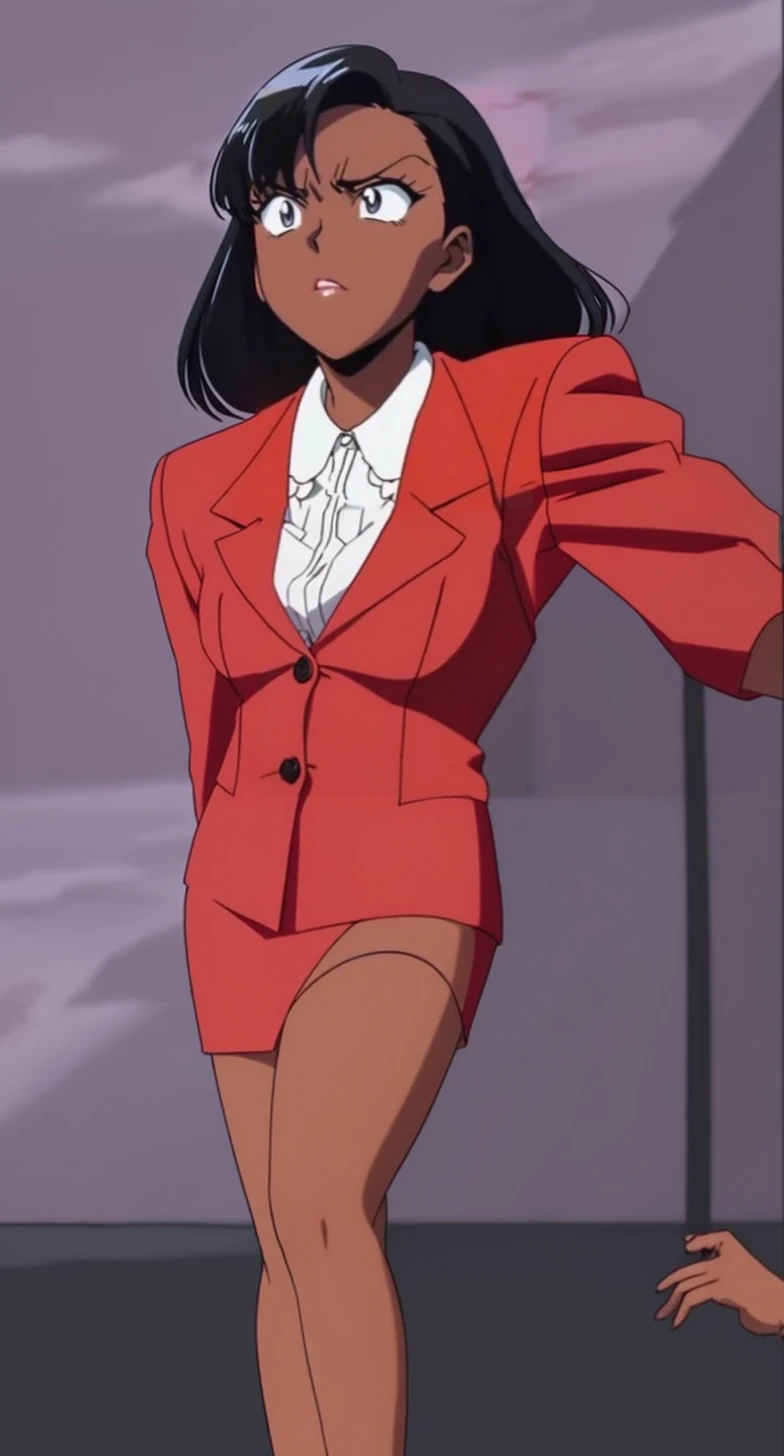 EVIL BLACK BUSINESS WOMAN WEARING A BLOUSE WITH A RED SKIRT SUIT 90s ANIME ARTSTYLE