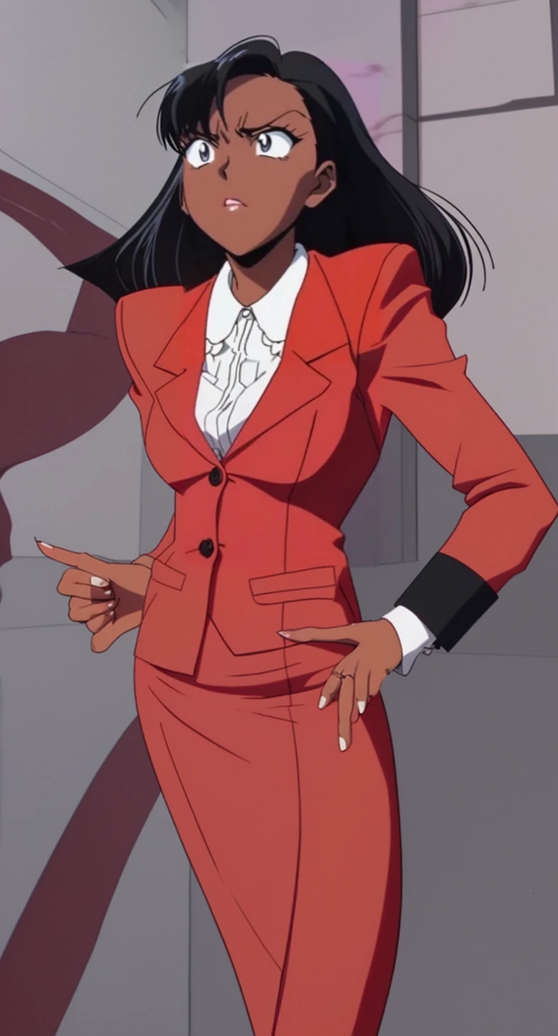 EVIL BLACK BUSINESS WOMAN WEARING A BLOUSE WITH A RED SKIRT SUIT 90s ANIME ARTSTYLE
