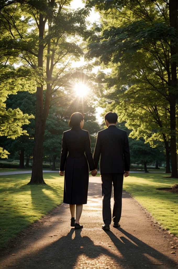 Min and Ton walk hand in hand in the park. The sun shines down It indicates that a new hope is beginning.