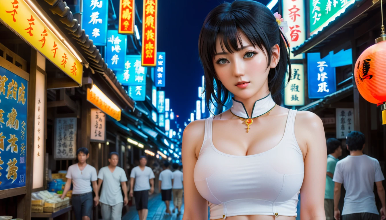 (backlight,navel:1.1,black hair), A beautiful woman wearing a white tank top on a busy street in Gintama, surrounded by merchants, Beautiful portrait of a stunning goddess girl, Beautiful detailed face, porcelain skin, half body shot, center,((moon,night,big neon,intense neon lighting,rim lights,two tone lighting))),