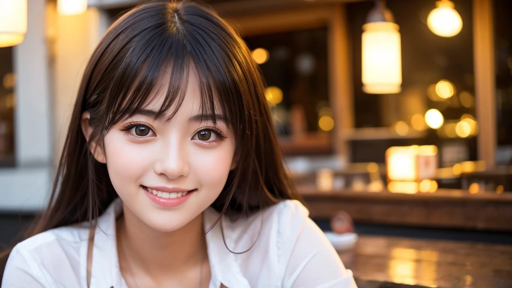Cute girl working at a cafe terrace　Japanese　１９age　
Professional Lighting　Digital SLR　Beautiful and elaborate face　Perfect and beautiful face　Big eyes Smile