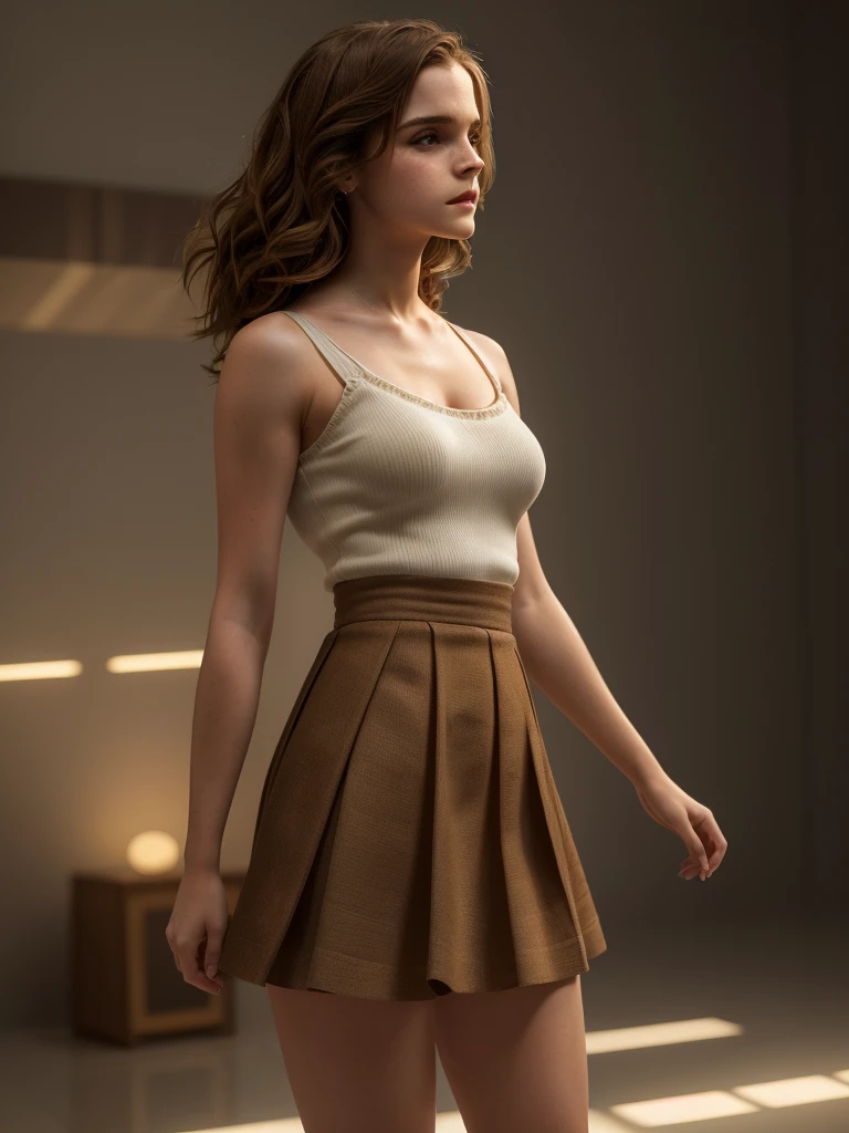 (1girl:1.1), (((masterpiece))), ((best quality)), ((ultra-detailed)), cinematic light, photorealism, front view, 1girl (emma watson, wavy shoulder length brown hair, 30 years old, large breasts, miniskirt, high heels) perfect skin, perfect body, skin pores, highly detailed, 16k quality photo, light diffusion, ray traced, lifting up skirt