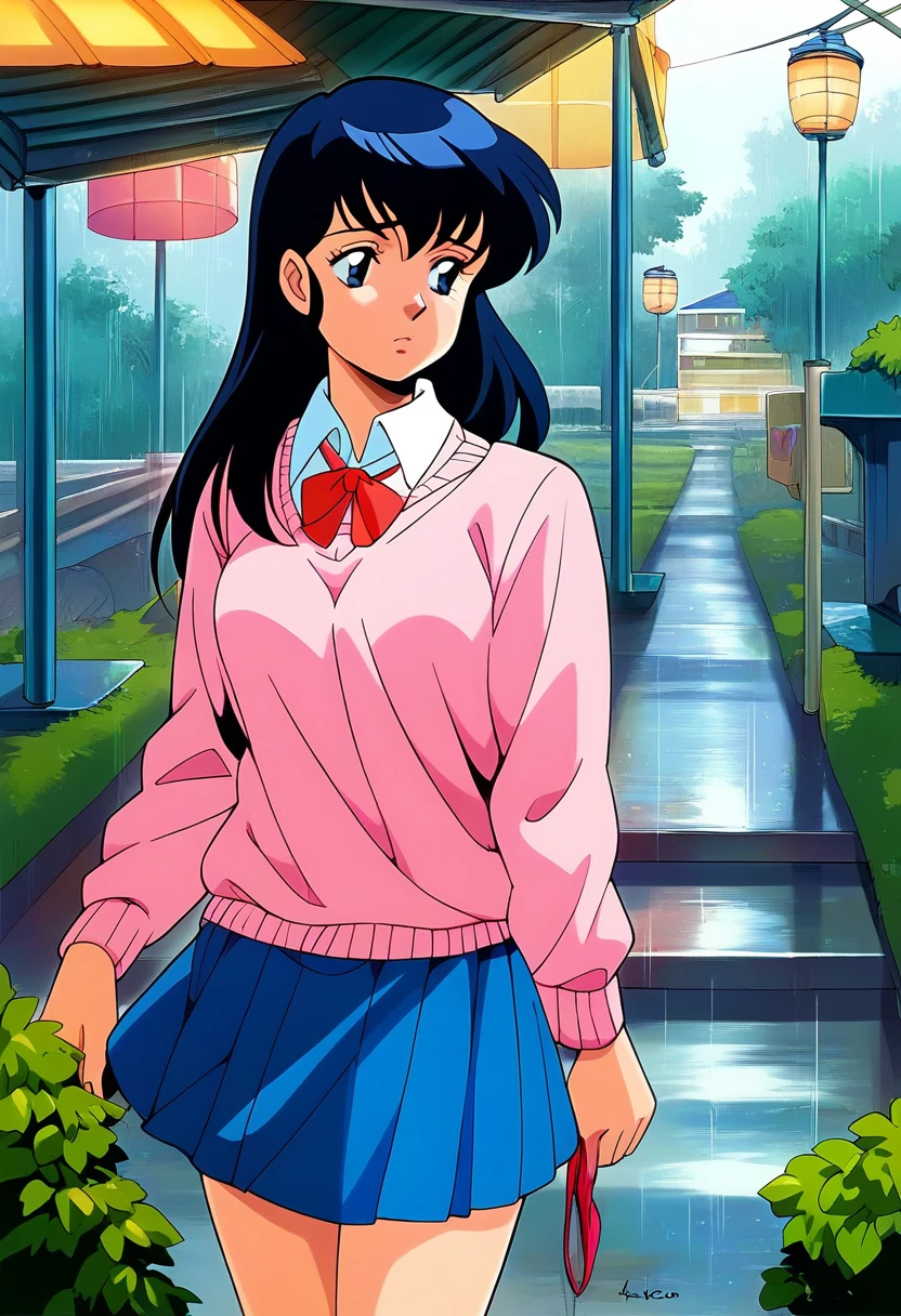 Kyoko,score_9,score_8_superior,score_7_superior,sauce_anime,One girl,alone,View your viewers,in the forest,asphalt paved,paved,lamp post,soaked,Rain,Pink Sweater,White collared shirt,length_skirt,blue skirt,UP skirt,Panties,cowboy_shot,Front view,Are standing,Sad face,:d,arms_behind_return,