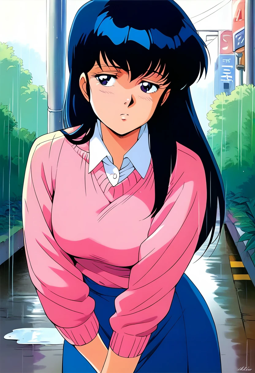 Kyoko,score_9,score_8_superior,score_7_superior,sauce_anime,One girl,alone,View your viewers,in the forest,asphalt paved,paved,lamp post,soaked,Rain,Pink Sweater,White collared shirt,length_skirt,blue skirt,UP skirt,Panties,cowboy_shot,Front view,Are standing,Sad face,:d,arms_behind_return,