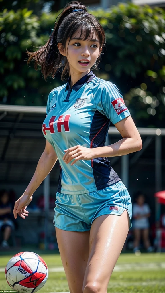 Highest quality, High resolution:1.2, Super detailed, Realistic:1.3, ((Beautiful woman))、((Ultra tight uniform))、((Big Breasts))、Vibrant colors, play soccer,((blunt bangs))、Has bangs、Wet Hair, Concentration, Splash, Action Shots, Grass blotches, Muddy ground, Wet turf, Decide, Fast-paced games, Athletic physique, Shiny soccer ball, Wet uniform, raindrop, Blurred motion, Focus on the ball, Intense competition, Skillful dribbling, Energetic play, Teamwork, powerful shoots, Wet pitch, Passionate sports, Fierce Decide, Humid atmosphere, Fluid movement, emotional expression、Dramatic lighting, Women's Sports, Avid athletes, Exciting Games, endure, Excited state, Speed and agility, Energetic play, 濡れたSplash、smile、