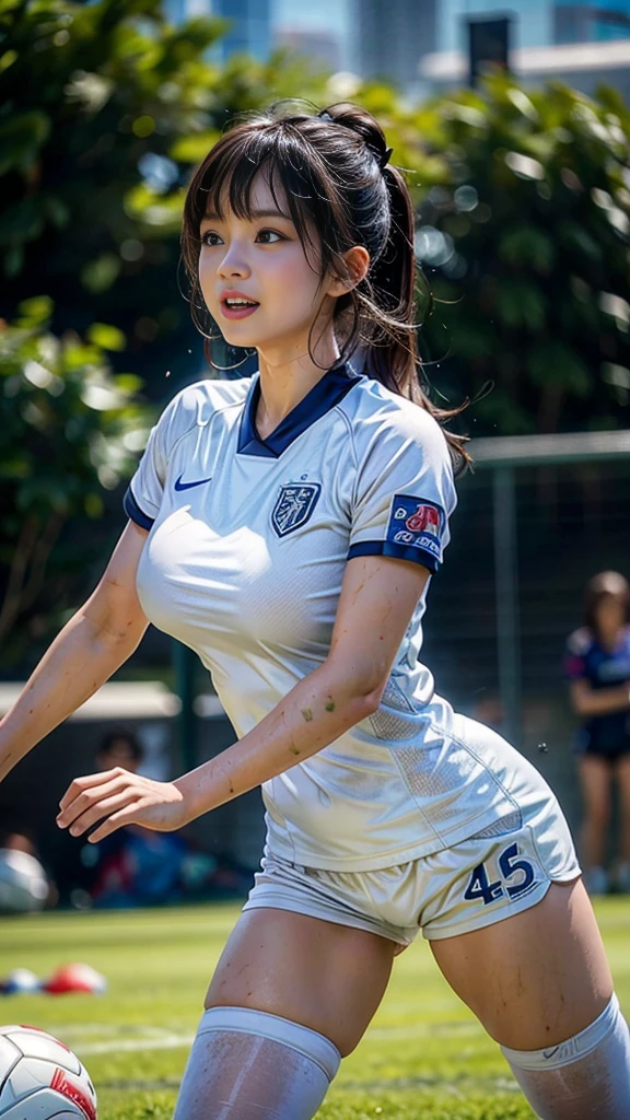 Highest quality, High resolution:1.2, Super detailed, Realistic:1.3, ((Beautiful woman))、((Ultra tight uniform))、((Big Breasts))、Vibrant colors, play soccer,((blunt bangs))、Has bangs、Wet Hair, Concentration, Splash, Action Shots, Grass blotches, Muddy ground, Wet turf, Decide, Fast-paced games, Athletic physique, Shiny soccer ball, Wet uniform, raindrop, Blurred motion, Focus on the ball, Intense competition, Skillful dribbling, Energetic play, Teamwork, powerful shoots, Wet pitch, Passionate sports, Fierce Decide, Humid atmosphere, Fluid movement, emotional expression、Dramatic lighting, Women's Sports, Avid athletes, Exciting Games, endure, Excited state, Speed and agility, Energetic play, 濡れたSplash、smile、