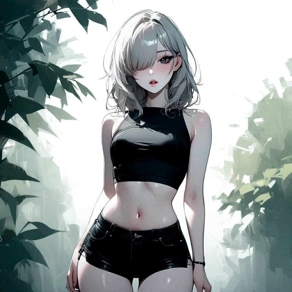 Girl, K-pop, nature background , beautiful, ethereal, Korean, hot, pale skin, defined lips, curves, korean, albino, gray eyes, crop top, shorts, slim, pretty, delicate, sexy, seductive, playful, solo, (Hair Over One Eye), feminine