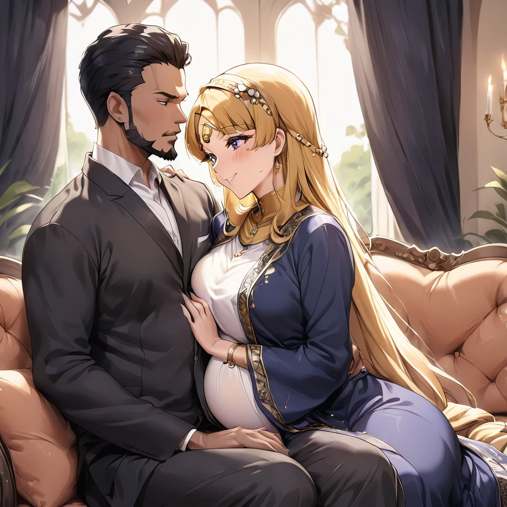 ((Highest quality)), ((masterpiece)), (detailed), （Perfect Face）、The woman is Tsukino Usagi, an Arab Muslim with vivid brown skin, and is wearing a gorgeous, glittering abaya with gold embroidery, a gorgeous hijab, a gorgeous hair ornament, gorgeous jeweled accessories, and an engagement ring in a luxurious Islamic mansion. The woman and the man are sitting on a luxurious, large sofa in the luxurious room, and the woman is passionately embracing and passionately deep kissing the dignified, bearded, middle-aged Arab Muslim man wearing Arab national dress, making passionate love as a married couple.、The woman is the elegant Tsukino Usagi, with long blonde hair in a chignon twin tail, wearing an abaya and a gorgeous hijab, and a bright brown-skinned Muslim Arab.、（The woman is a dark-skinned Arab Muslim named Tsukino Usagi）、The man is a Muslim, dignified, strong-looking, bearded, middle-aged Arab man wearing traditional Arab clothing.、the woman is pregnant