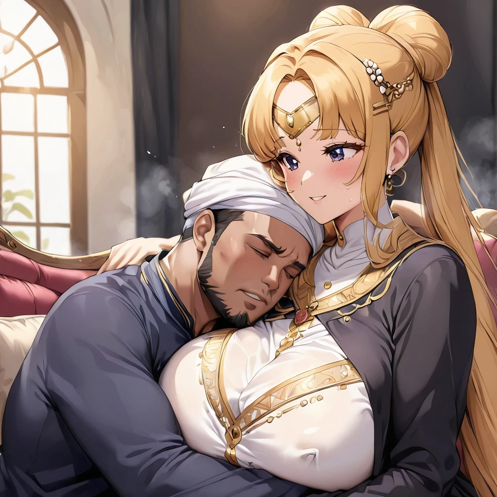 ((Highest quality)), ((masterpiece)), (detailed), (Perfect Face)、The woman is Tsukino Usagi, an Arab Muslim with vivid brown skin, and is wearing a gorgeous, glittering abaya with gold embroidery, a gorgeous hijab, a gorgeous hair ornament, gorgeous jeweled accessories, and an engagement ring in a luxurious Islamic mansion. The woman and the man are sitting on a luxurious, large sofa in the luxurious room, and the woman is passionately embracing and passionately deep kissing the dignified, bearded, middle-aged Arab Muslim man wearing Arab national dress, making passionate love as a married couple.、The woman is the elegant Tsukino Usagi, with long blonde hair in a chignon twin tail, wearing an abaya and a gorgeous hijab, and a bright brown-skinned Muslim Arab.、(The woman is a dark-skinned Arab Muslim named Tsukino Usagi)、The man is a Muslim, dignified, strong-looking, bearded, middle-aged Arab man wearing traditional Arab clothing.、the woman is pregnant