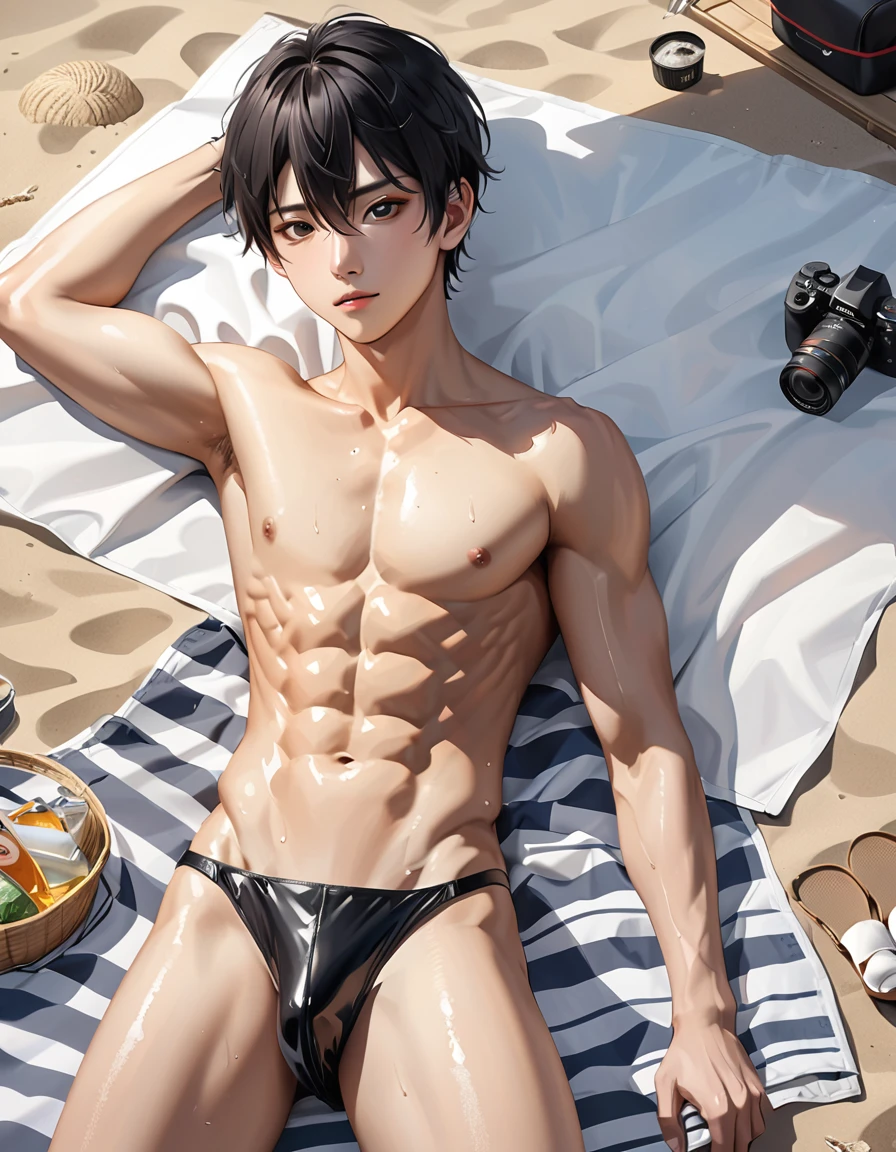 high quality, detailed, Realistic, (one  japanese boy), (detailed black eyes), (abs:1.5), (shiny skin), detailed nipples, black hair, (black tiny thong), (erected bulge), summer beach, (smile:0.9), laying, sweat,