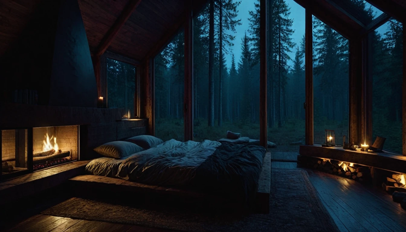 
dimly lit bedroom with fireplace and wood burning bed, large windows to the forest at night, beautiful and cinematic lighting, cozy place, cryengine render 8 k, cabin in the forest, minimalist pyramid room shape, pyramid glass, very forest background dark, lots of column windows, dark, pillows and blankets, large windows, minimalist windows, lots of boxes, minimalist windows facing the forest, quiet night. the picture is original, rainy night. original rendering, stunning, rainy night, gloomy, dark gloomy cinematic lighting, atmosphere, landscape, vast forest, moody, dramatic lighting. cinematic, cinematic, atmospheric shots, gloomy weather. hyperrealistic, atmospheric rendering, rainy night, huge gloomy forest, cinematic,
