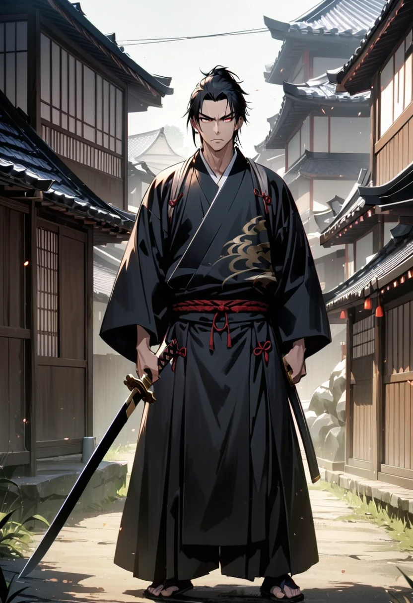 japanese man, swordsmanship, medium black hair, bonitas, intimidating appearance, all black oriental clothes, holding a golden katana, Full HD quality, high qualiy, number of fingers 5, senarium japanese feudal era houses, Eyes red, quality eyes