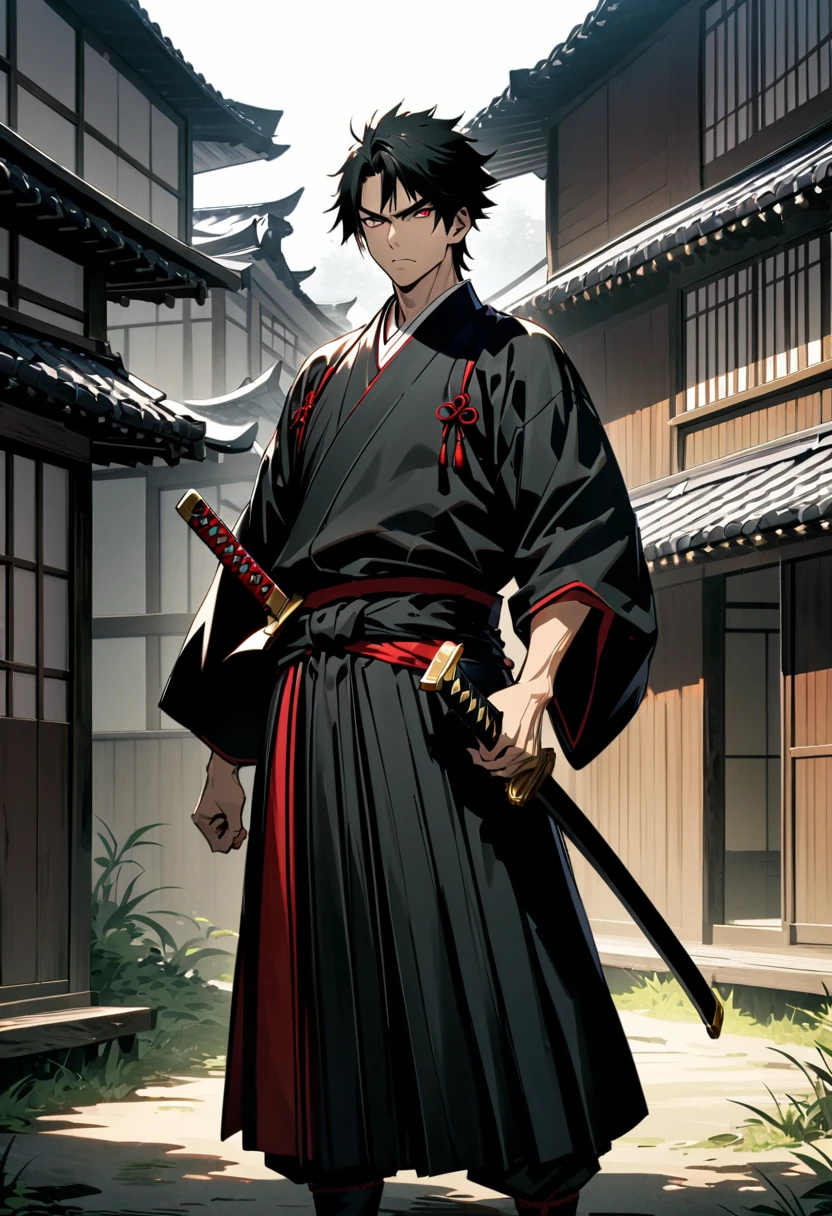 japanese man, swordsmanship, medium black hair, bonitas, intimidating appearance, all black oriental clothes, holding a golden katana, Full HD quality, high qualiy, number of fingers 5, senarium japanese feudal era houses, Eyes red, quality eyes