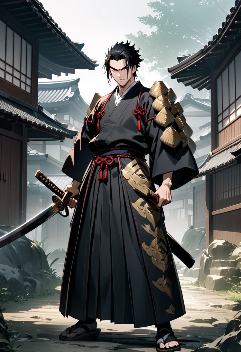 japanese man, swordsmanship, medium black hair, bonitas, intimidating appearance, all black oriental clothes, holding a golden katana, Full HD quality, high qualiy, number of fingers 5, senarium japanese feudal era houses, Eyes red, quality eyes