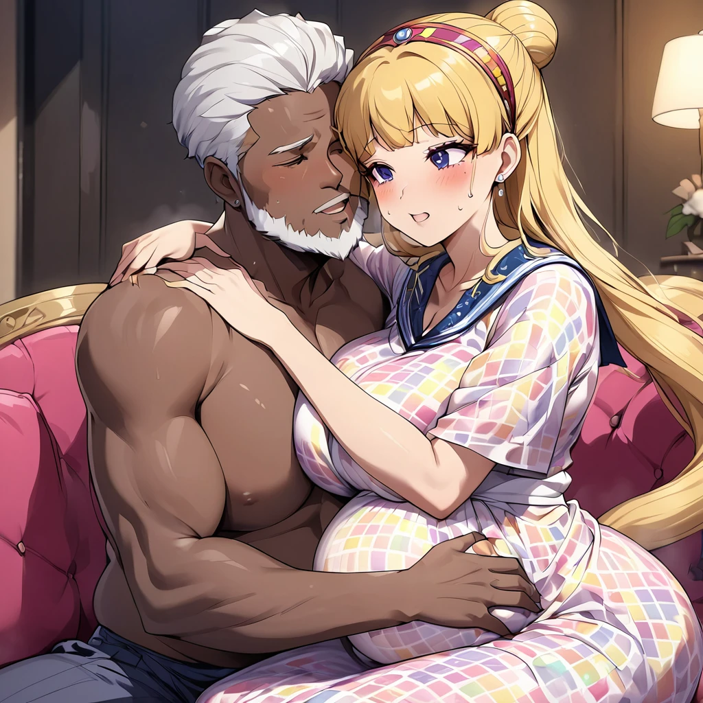 ((Highest quality)), ((masterpiece)), (detailed), (Perfect Face)、The woman is a black Ghanaian with vivid dark brown skin, Tsukino Usagi, and is wearing a luxurious, colorful, glittering smock, a colorful turban head scarf, gorgeous jeweled accessories, and an engagement ring in a luxurious Ghanaian mansion. The woman and the man are sitting on a luxurious, large sofa in the luxurious room, and the woman is passionately embracing and passionately deep kissing the dignified, bearded, middle-aged Ghanaian man wearing Ghanaian traditional clothing, making passionate love as a married couple.、The woman is the elegant Tsukino Usagi, with long blonde hair in a chignon twin tail, wearing a colorful smock and a colorful turban head scarf, and has vivid dark brown skin. She is a black Ghanaian Tsukino Usagi.、(The woman is a black Ghanaian with vivid dark brown skin.)、The man is a dignified, burly, bearded Ghanaian man wearing a smock.、the woman is pregnant
