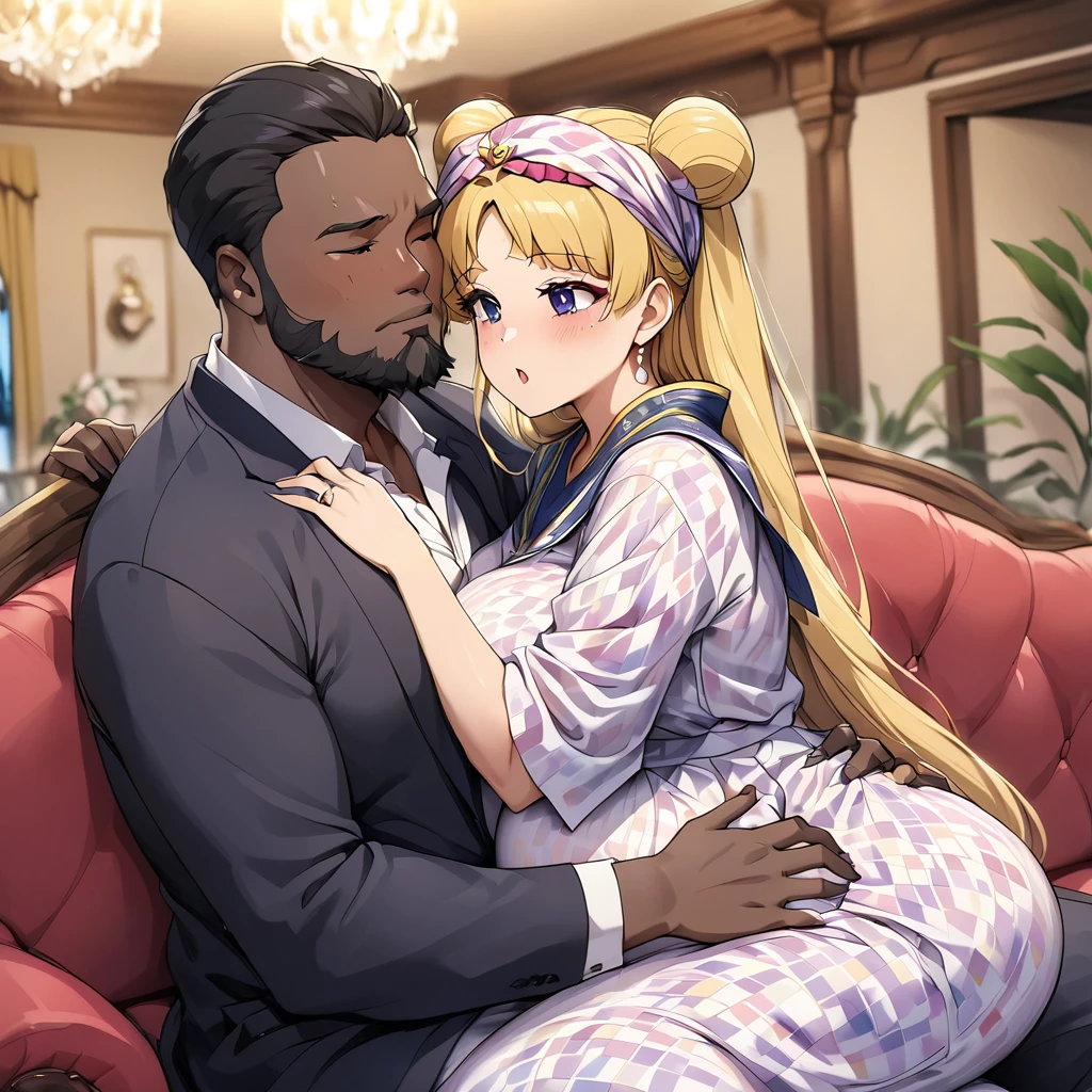 ((Highest quality)), ((masterpiece)), (detailed), (Perfect Face)、The woman is a black Ghanaian with vivid dark brown skin, Tsukino Usagi, and is wearing a luxurious, colorful, glittering smock, a colorful turban head scarf, gorgeous jeweled accessories, and an engagement ring in a luxurious Ghanaian mansion. The woman and the man are sitting on a luxurious, large sofa in the luxurious room, and the woman is passionately embracing and passionately deep kissing the dignified, bearded, middle-aged Ghanaian man wearing Ghanaian traditional clothing, making passionate love as a married couple.、The woman is the elegant Tsukino Usagi, with long blonde hair in a chignon twin tail, wearing a colorful smock and a colorful turban head scarf, and has vivid dark brown skin. She is a black Ghanaian Tsukino Usagi.、(The woman is a black Ghanaian with vivid dark brown skin.)、The man is a dignified, burly, bearded Ghanaian man wearing a smock.、the woman is pregnant