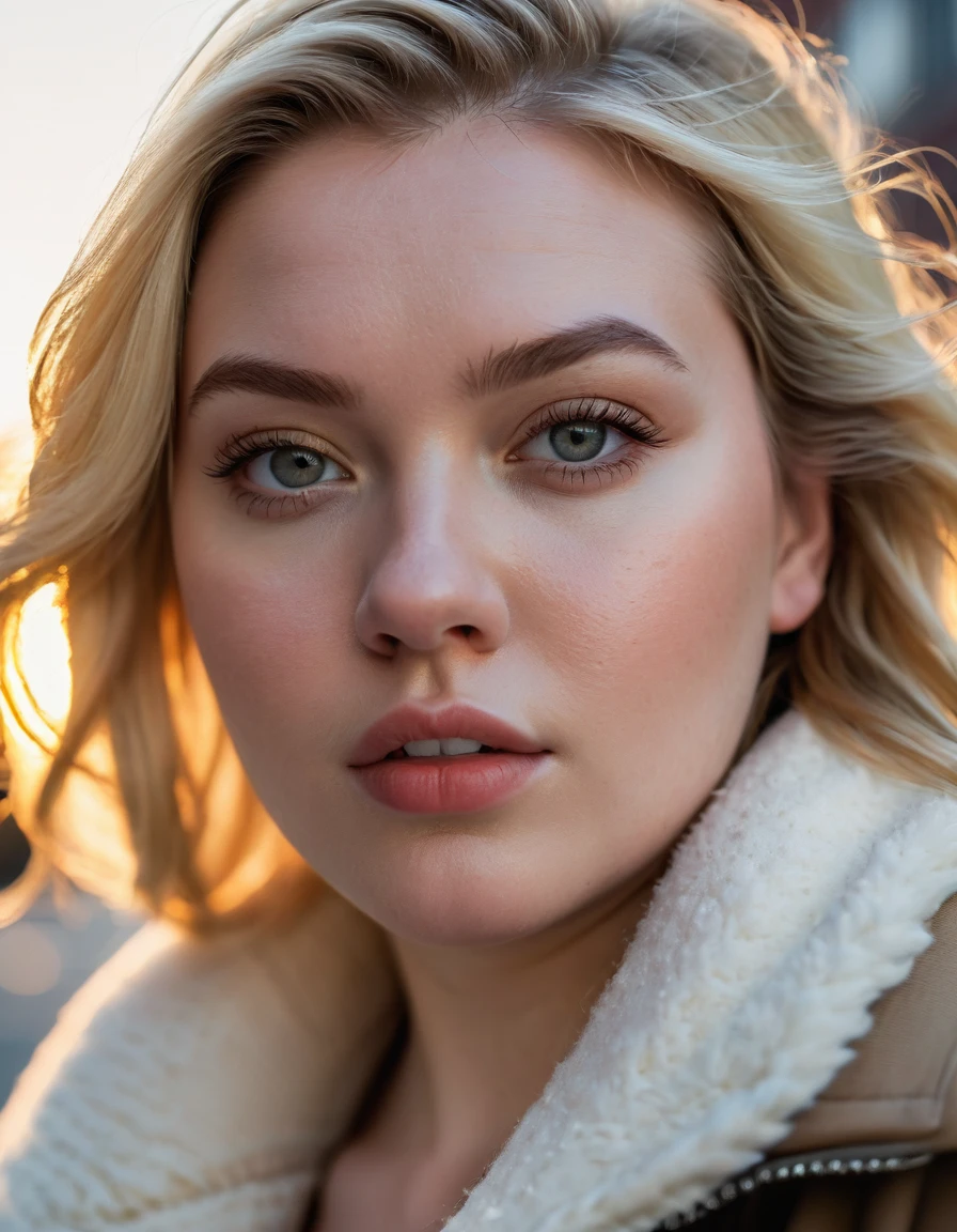 portrait photography, dutch angle shot, a stunning plus size blonde woman's face with pale, fresh and young face, golden hour, winter, cold day, close up, Phantom High Speed camera, urban emotions, uhd image, moody, detailed facial features, realistic_skin, natural_skin, (masterpiece), best quality, --ar 16:9 --style raw --v 5.2