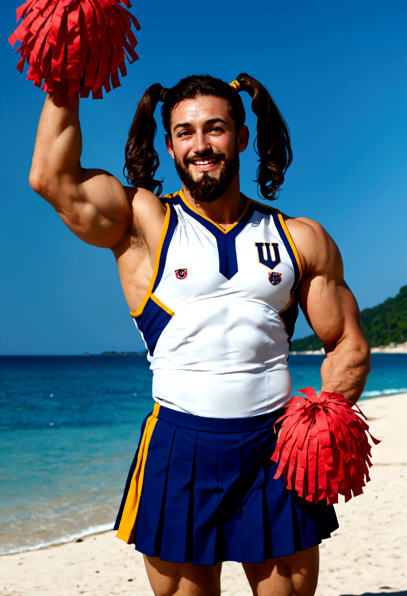 A muscular man, Wearing a cheerleading uniform and skirt, happy, Beard, Double tail, Sun and beach, twintails, grin, UHD, masterpiece, textured skin, high quality, accurate, anatomically correct, super detail