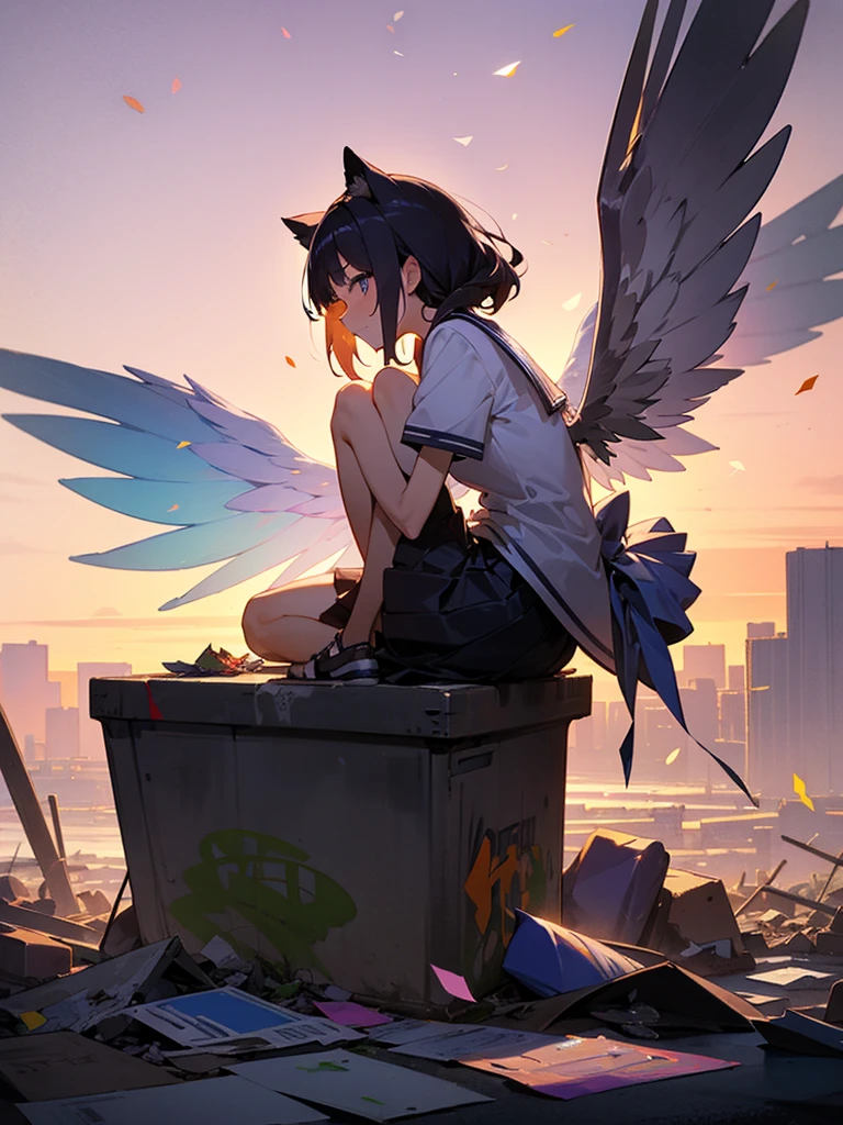 sideview,独奏,high school girl、Transparent white wings、Sitting on a rock、Orange and purple evening sky、A pile of discarded garbage、Looking at the sky、Graffiti、Confetti、