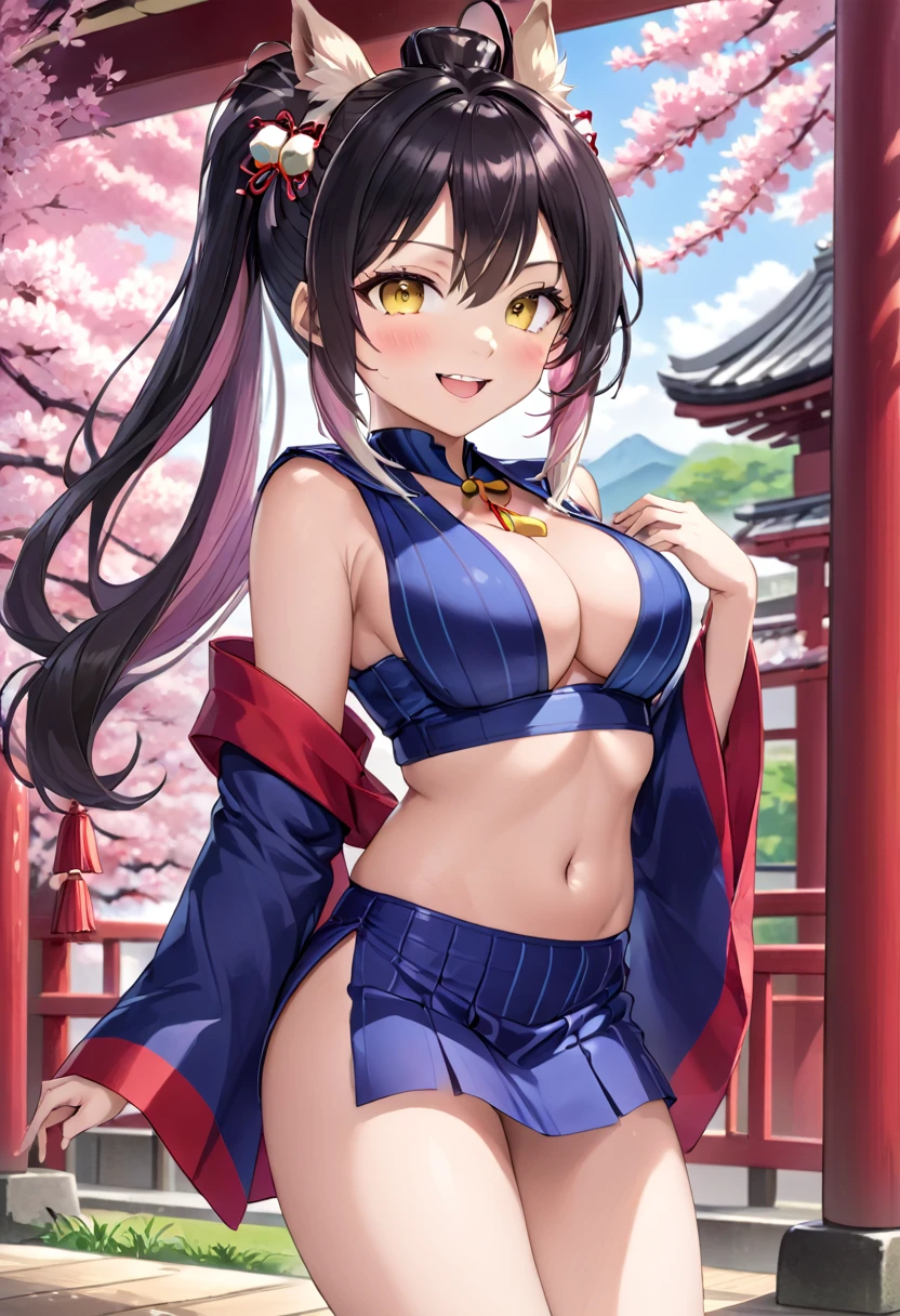 4 women, multiple women, twins, long hair, ponytail, short hair, breasts, looking at viewer, blushing, smiling, open mouth, blue eyes, brown hair, ribbon, navel, animal ears, exposed shoulders, underwear, tail, white hair, :d, thighs, multi-colored hair, hairband, necessarily large breasts, sleeveless, fangs, abdomen, belly, two-tone hair, high leg, horse ears, blue sailor collar, Uma Musume, horse tail, black hair, hair ornament, sitting, yellow eyes, thighs, exposed navel, heterochromia iridum, skimpy clothing, chest curtains, long hair, , smiling, open mouth, skirt, blonde, red eyes, exposed shoulders, thighs, outdoors, sleeves removed, kimono, wide sleeves, armpits, obi, bells, sideboob, cherry blossoms, hakama, hakama skirt, non-traditional shrine maiden, hair bells, hakama short skirt