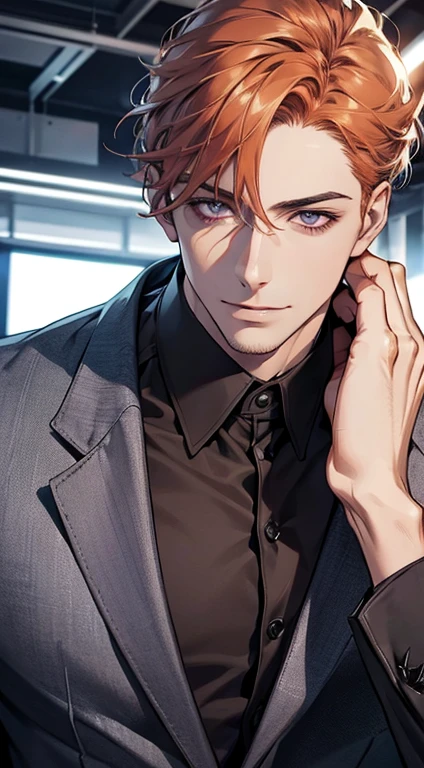 (best quality,4k,8k,highres,masterpiece:1.2),ultra-detailed,(realistic,photorealistic,photo-realistic:1.37),1 man,31 years old,mature man,very handsome,without expression,smile,short grey b
Orange hair,violet eyes,penetrating gaze,perfect face without errors,imposing posture,businessman,office background,cinematic lighting,hdr image