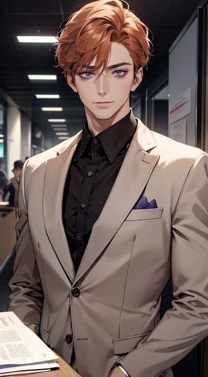 (best quality,4k,8k,highres,masterpiece:1.2),ultra-detailed,(realistic,photorealistic,photo-realistic:1.37),1 man,31 years old,mature man,very handsome,without expression,smile,short grey b
Orange hair,violet eyes,penetrating gaze,perfect face without errors,imposing posture,businessman,office background,cinematic lighting,hdr image