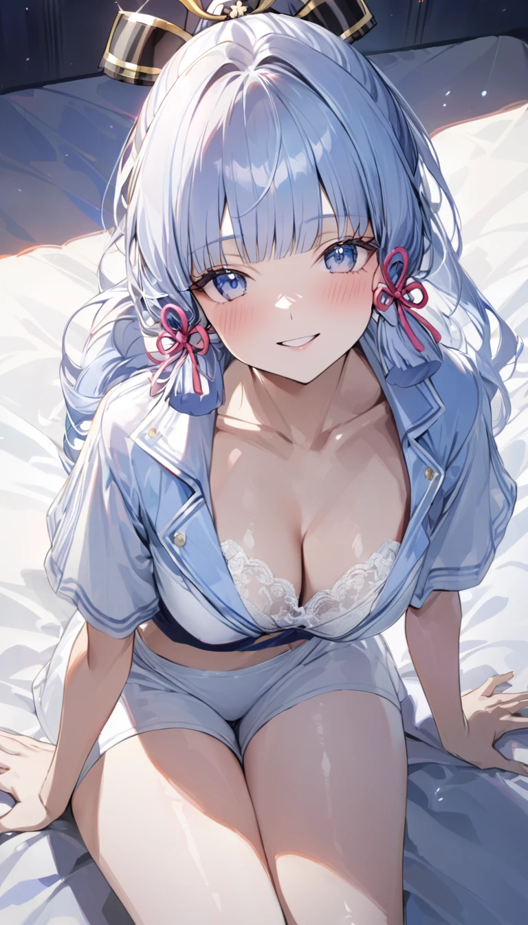 Ayaka, Blue long hair, Pretty Face,Smile,Close to hip, Medium breasts, Sitting on the bed, Wearing beautiful white underwear, (open mouth:0.4),illustration,Detailed texture(Realist),Extremely detailed,Portrait Style,Bright colors,Soft lighting, blush, Mature, No，White knee socks