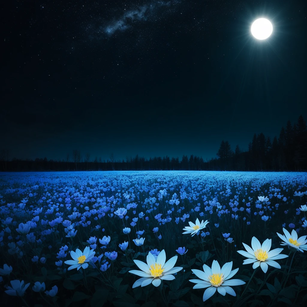 there are many white flowers in the dark with a black background, glowing flowers, luminous flowers, beautiful blue lights, glowing blue, bioluminescent plants, night sky full of flowers, by Bruce Munro, blues. beautiful, ethereal blue lighting, blue lights, field of flowers at night, blue flowers, blue bioluminescence