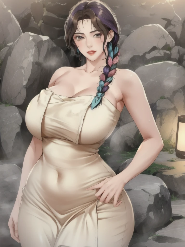 ((masterpiece)), ((best quality)), (ultra-detailed), absurdres, extremely detailed CG unity 8k wallpaper, Official Art, Accurate describe shapes, purple hair, beautiful face, expressive eyes, looking at viewer, solo, close-up, scenery, anime screencap, sauna, dramatic lighting, sitting, seductive smile, 1girl, (mature female, older, huge breasts:1.4), milf, motherly, wide hips, curvy, naked towel, collarbone, lips, HDR, big ass,