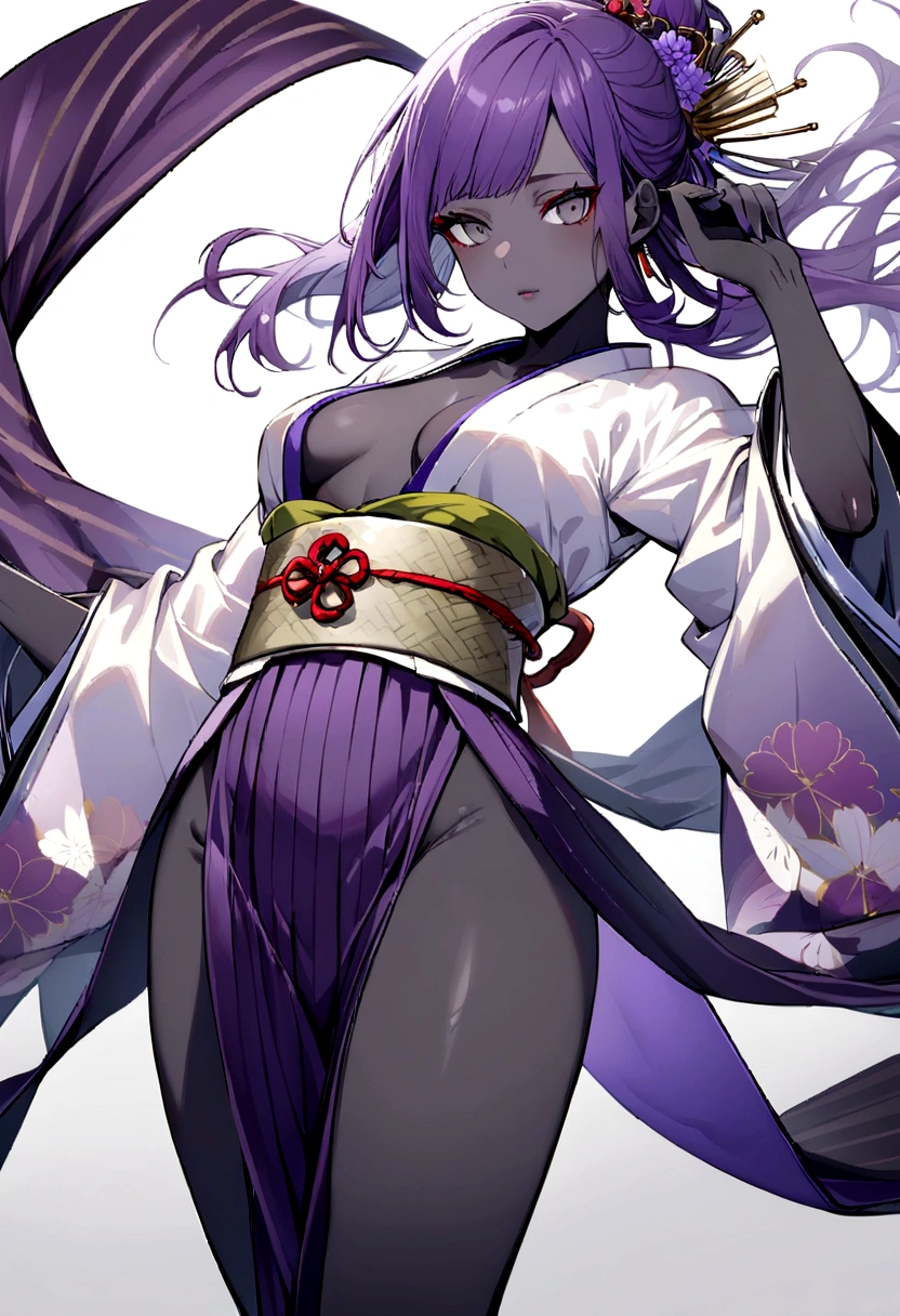 Traditional Japanese clothing, long purple hair, gray eyes and black skin, white and purple kimono