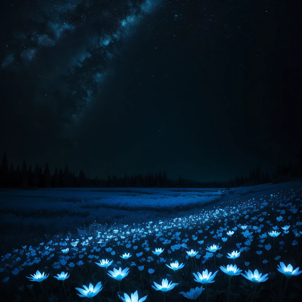 there are many white flowers in the dark with a black background, glowing flowers, luminous flowers, beautiful blue lights, glowing blue, bioluminescent plants, night sky full of flowers, by Bruce Munro, blues. beautiful, ethereal blue lighting, blue lights, field of flowers at night, blue flowers, blue bioluminescence