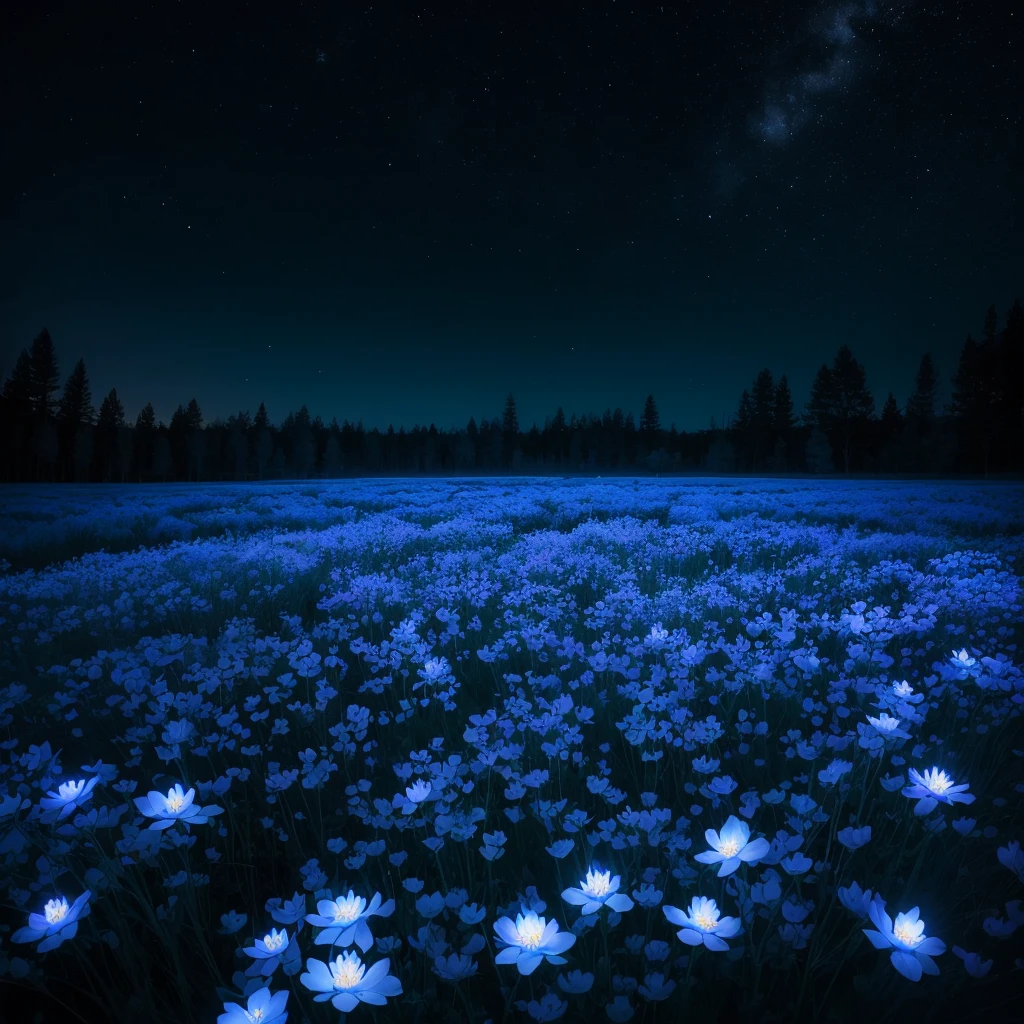 there are many white flowers in the dark with a black background, glowing flowers, luminous flowers, beautiful blue lights, glowing blue, bioluminescent plants, night sky full of flowers, by Bruce Munro, blues. beautiful, ethereal blue lighting, blue lights, field of flowers at night, blue flowers, blue bioluminescence