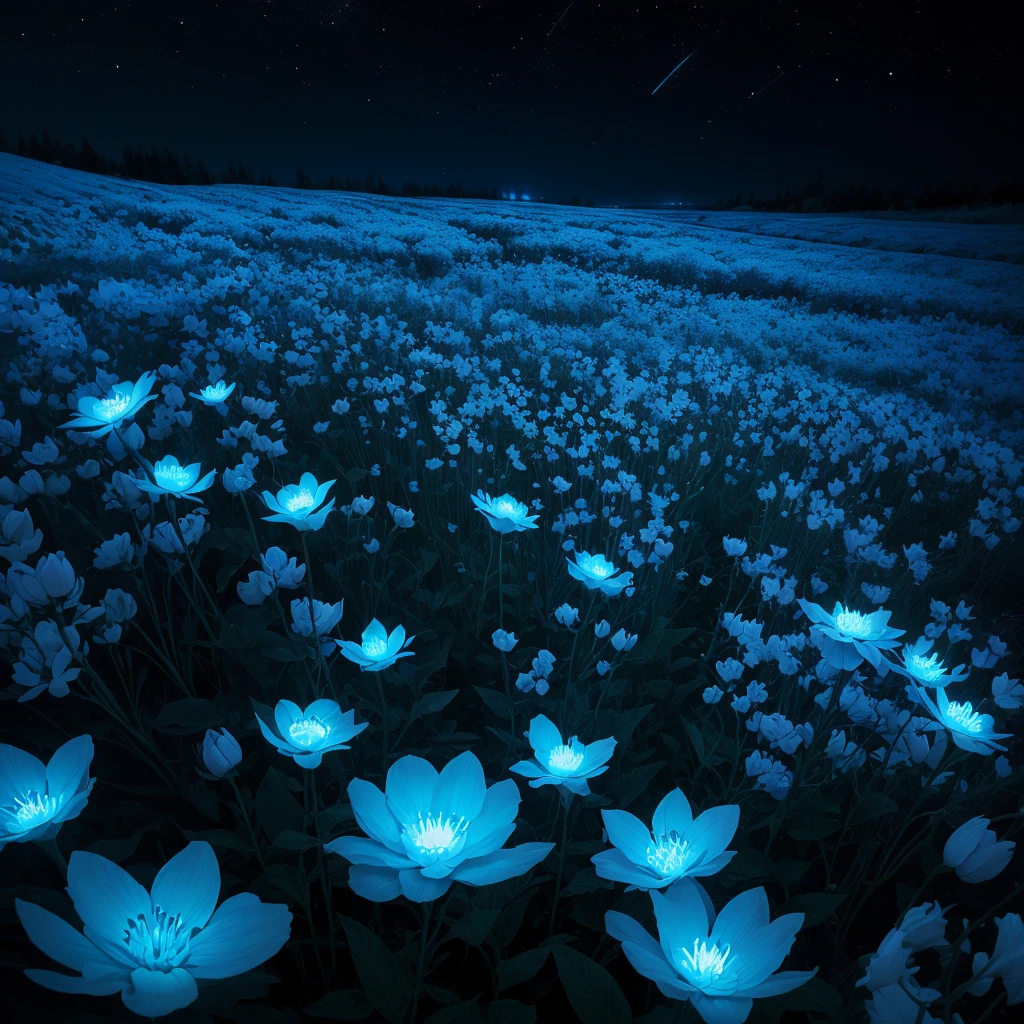 there are many white flowers in the dark with a black background, glowing flowers, luminous flowers, beautiful blue lights, glowing blue, bioluminescent plants, night sky full of flowers, by Bruce Munro, blues. beautiful, ethereal blue lighting, blue lights, field of flowers at night, blue flowers, blue bioluminescence