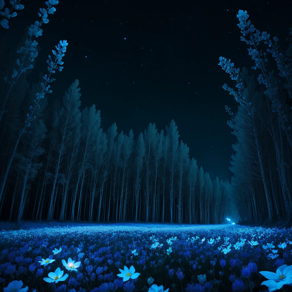 there are many white flowers in the dark with a black background, glowing flowers, luminous flowers, beautiful blue lights, glowing blue, bioluminescent plants, night sky full of flowers, by Bruce Munro, blues. beautiful, ethereal blue lighting, blue lights, field of flowers at night, blue flowers, blue bioluminescence