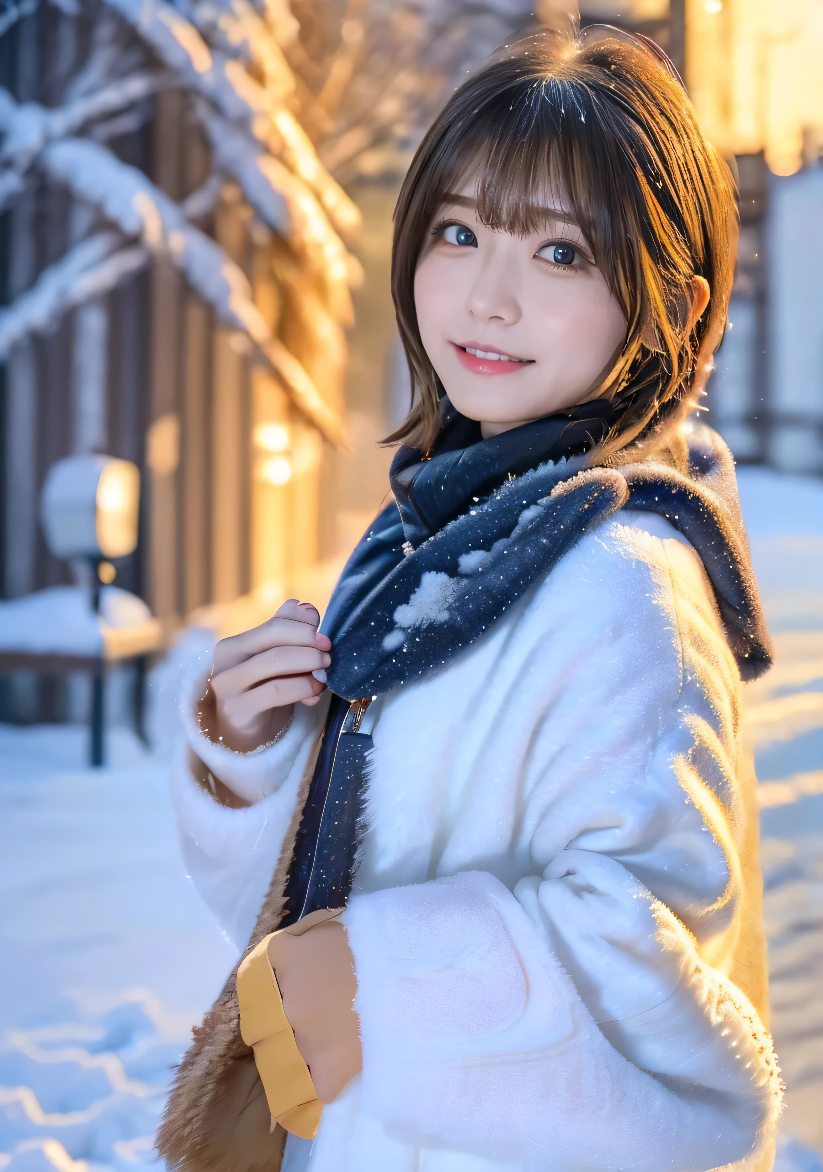 blue eyes、Holding a kitten、Photo from the waist up、Night city illumination shot、Cowgirl Shot、Fur coat、Luxurious grey mink fur coat、Wear fine leather boots、Luxury Bags、Inner turtleneck、Silver necklace and small silver earrings Millionaire style:1.4))、Full body photo、smile、 Caustics、Highly detailed photos、Very beautiful woman 、Ample breasts、No makeup、(8K、RAW Photos、Highest quality、masterpiece:1.2)、(Realistic、Realistic)、1 Girl、((Medium Short Hair、Midwinter、Cold region Snow falling、The wind is blowing、Fluttering Hair、Blur the background、Colorful illuminations、Looking into the camera:1.4))、