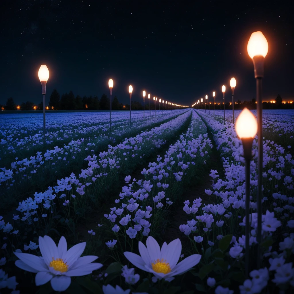 there are many white flowers in the dark with a black background, glowing flowers, luminous flowers, beautiful blue lights, glowing blue, bioluminescent plants, night sky full of flowers, by Bruce Munro, blues. beautiful, ethereal blue lighting, blue lights, field of flowers at night, blue flowers, blue bioluminescence