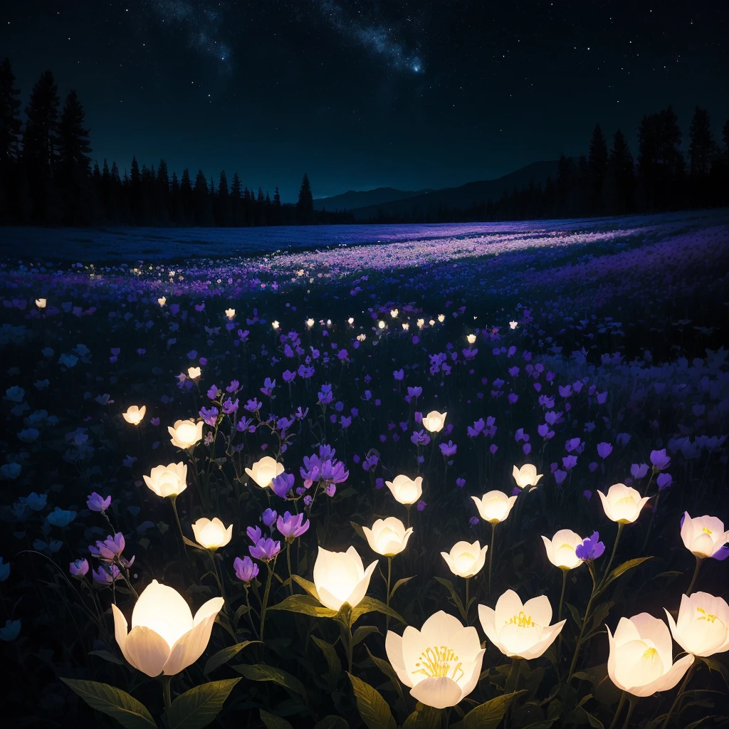 there are many white flowers in the dark with a black background, glowing flowers, luminous flowers, beautiful blue lights, glowing blue, bioluminescent plants, night sky full of flowers, by Bruce Munro, blues. beautiful, ethereal blue lighting, blue lights, field of flowers at night, blue flowers, blue bioluminescence