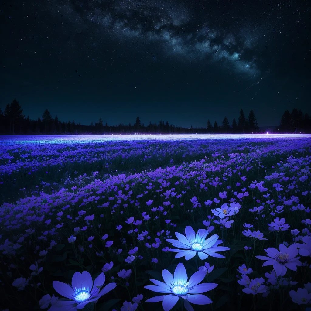 there are many white flowers in the dark with a black background, glowing flowers, luminous flowers, beautiful blue lights, glowing blue, bioluminescent plants, night sky full of flowers, by Bruce Munro, blues. beautiful, ethereal blue lighting, blue lights, field of flowers at night, blue flowers, blue bioluminescence