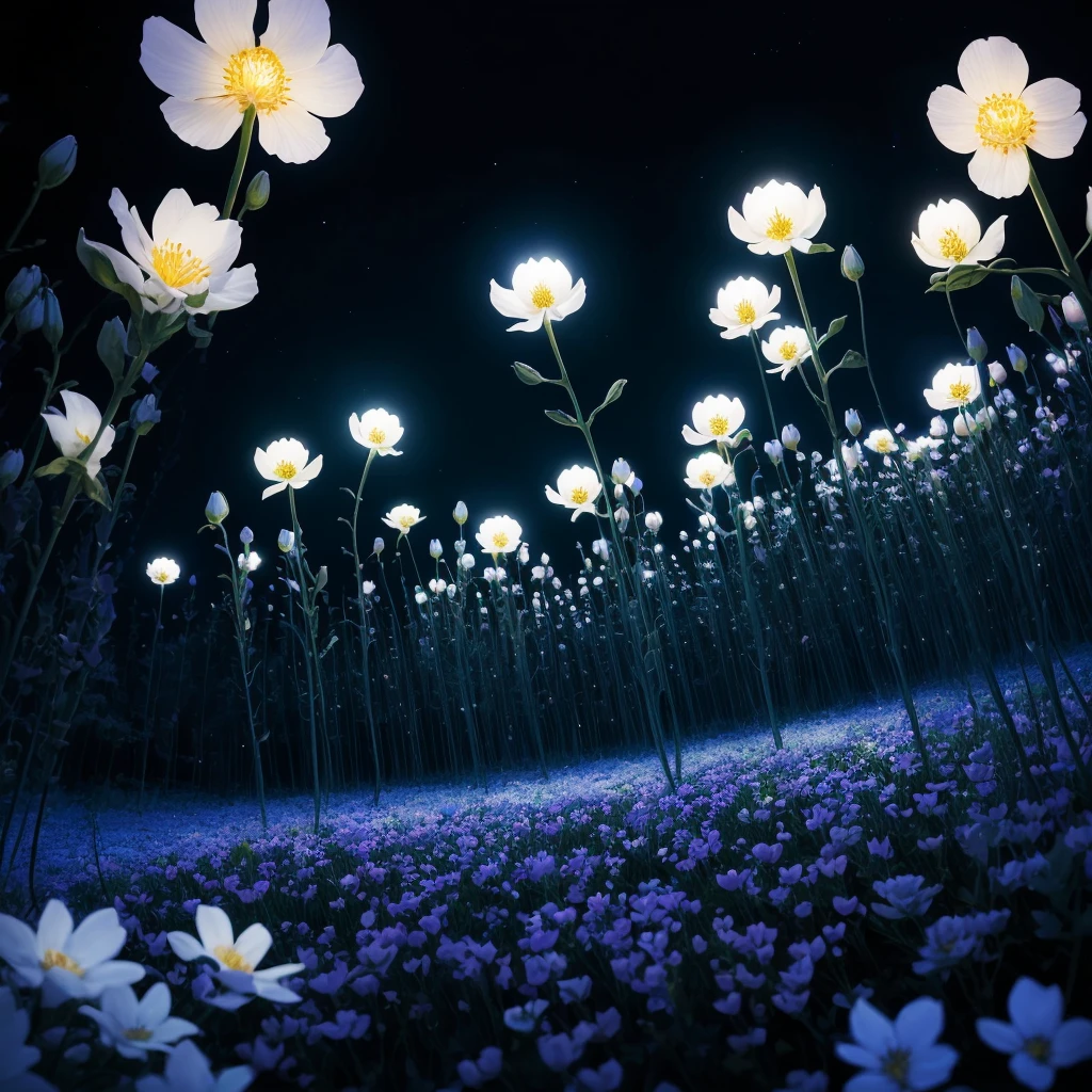 there are many white flowers in the dark with a black background, glowing flowers, luminous flowers, beautiful blue lights, glowing blue, bioluminescent plants, night sky full of flowers, by Bruce Munro, blues. beautiful, ethereal blue lighting, blue lights, field of flowers at night, blue flowers, blue bioluminescence