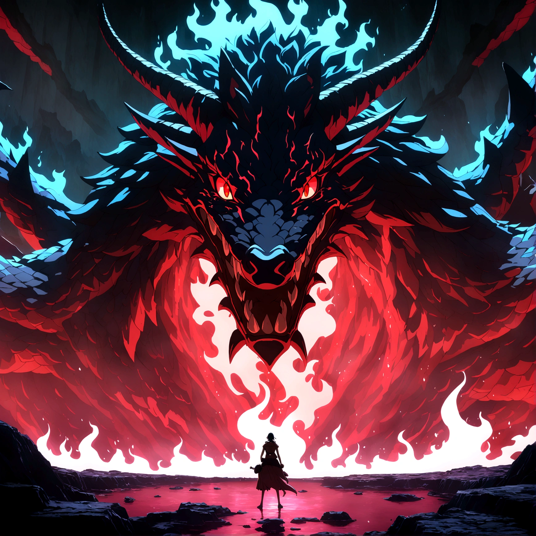 Dragon, black scales, vibrant red eyes, evil gaze, fiery scenery, "One Piece-inspired anime features, drenched in dramatic and stunning lighting, dramatic lighting, infused with creative details, ultra-fine 2D design, scenery bathed in creativity, bathed in creativity, boasting HD anime resolution clarity, HD anime graphics, high-octane rendering"