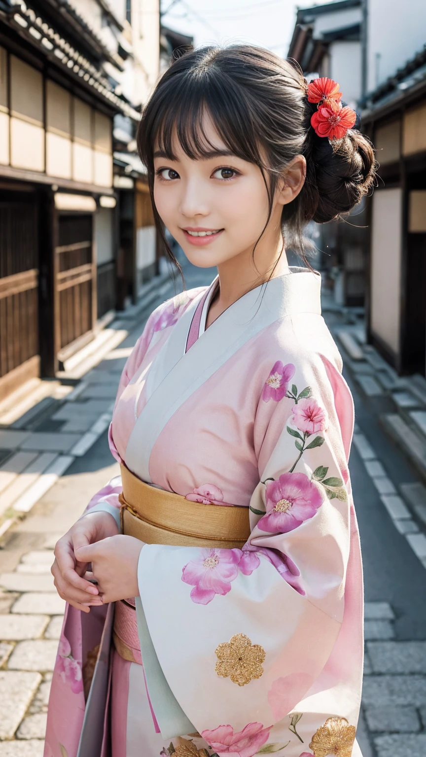 professional lighting,(Photoreal:1.4), (Top image quality:1.0), (超A high resolution:1.0), 8k, Raw photography, (masterpiece:0.2), (Pueros face_v1:0.5)、(highest quality Detail:1.2)、realistic、8k UHD、High resolution、(1 girl:1.2)、Super detailed、High quality textures、intricate details、detailed、Very detailed CG、High quality shadows、detailed Beautiful and delicate face、Beautiful details and delicate eyes、(symmetrical eyes:1.2),Depth of the bounds written、ray tracing,1 girl, japanese girl, (natural smile:1.4),cute, thin, Portrait of a beautiful Japanese woman wearing a kimono, Standing elegantly on a street corner in Kyoto. A kimono with bright traditional patterns, Hair decorated with an elegant and delicate hairpin, and a gentle expression. (Against the backdrop of the old streets of Kyoto:1.4)、soft light on a spring afternoon、adds tranquility to the scene. Rendered in a realistic style with great attention to detail, High resolution images.s ky porn, magic hour, (realistic:1.3), finely, quality, (table top:1.2), (realistic:1.2), (highest quality), (Complex details), dramatic, ray tracing, photograph, +roller