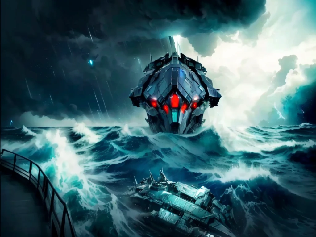 there is a large boat in the middle of a stormy ocean, from pacific rim, a ship lost in a storm, dread scary spaceship, broken ruin pacific rim jaeger, spaceship sank, cherenkov radiation, pacific rim jaeger, fan art, concept artwork, scylla and charybdis, stylised storm, alien ship wreck