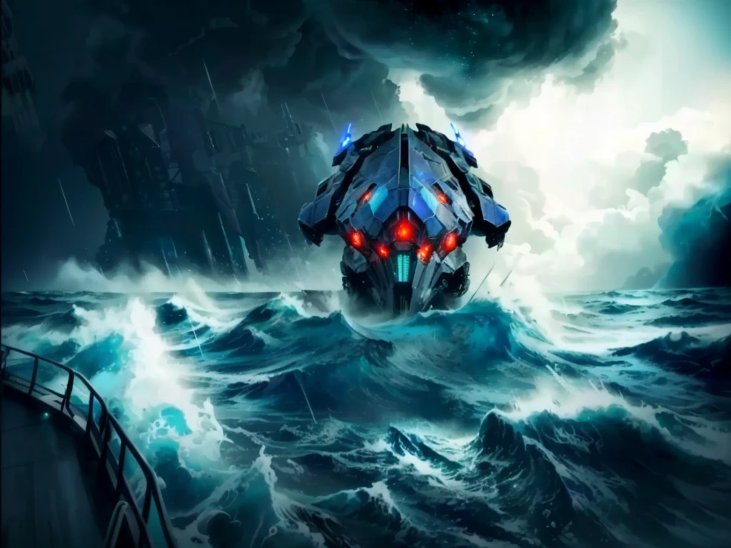 there is a large boat in the middle of a stormy ocean, from pacific rim, a ship lost in a storm, dread scary spaceship, broken ruin pacific rim jaeger, spaceship sank, cherenkov radiation, pacific rim jaeger, fan art, concept artwork, scylla and charybdis, stylised storm, alien ship wreck